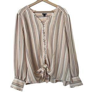 Ann Taylor Striped V-Neck Tie-Front Blouse XXL Pink Black Long Sleeve Button Up